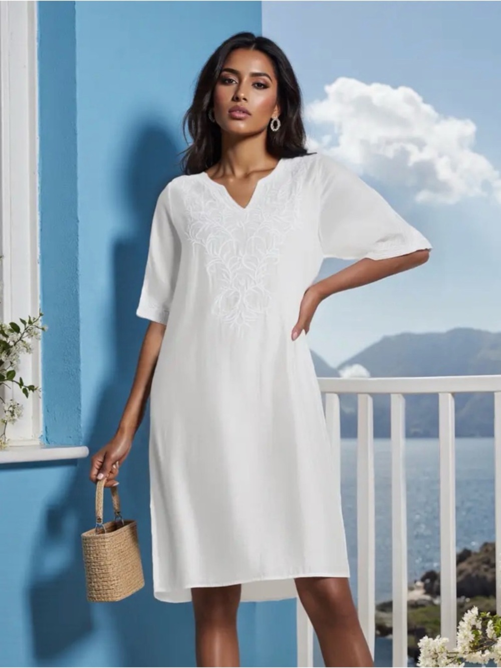 White Embroidered V-Neck Cotton Dress